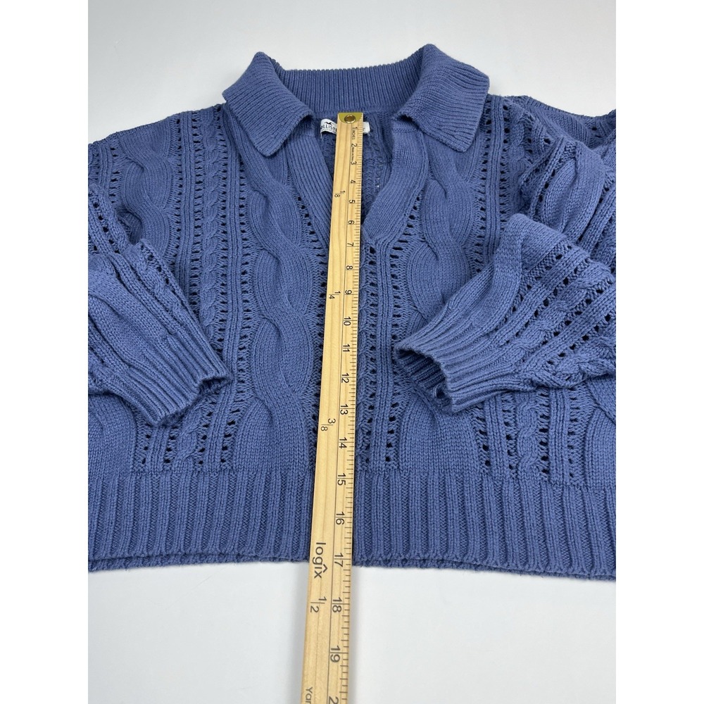 Hollister‎ Co. Blue Cropped Cable Knit Collared V-Neck Sweater Sz S - Picture 6 of 10